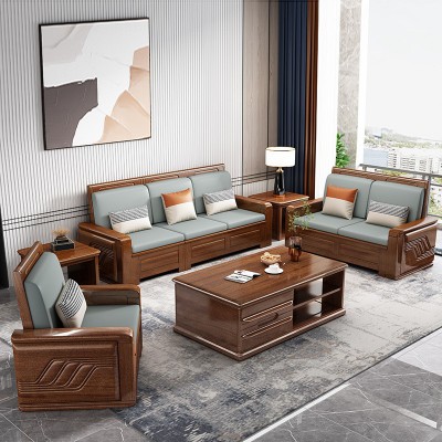 新中式实木沙发厂家直销多人可拆洗布艺客厅红檀木奢贵妃沙发组合图2