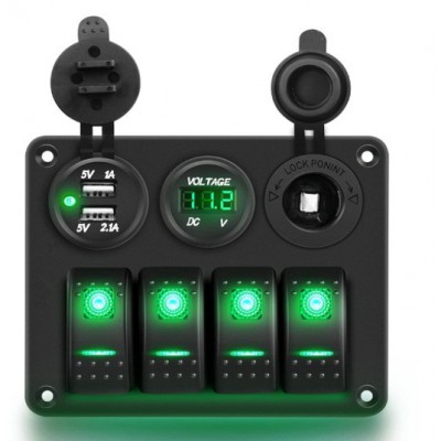 新款4+3蓝色船型开关面板 车充+电压表+点烟器插座组合面板