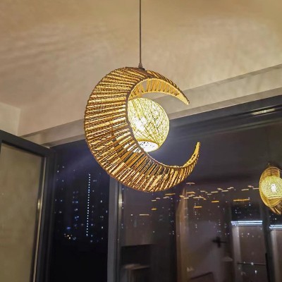 亚马逊新款手工编织麻绳简约日式月亮吊灯室内民宿侘寂风吊灯厂家图4